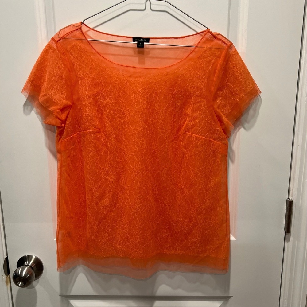 Ann Taylor Orange Lace Sheer Mesh Overlay Short Sleeve Top Women's‎ Size S